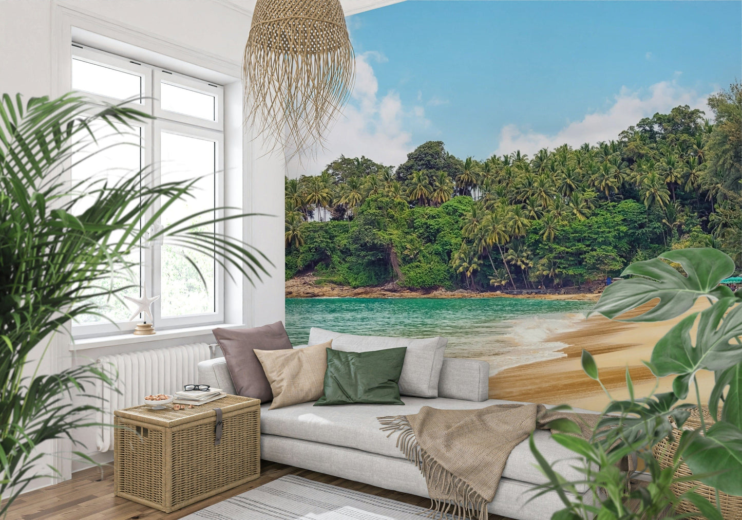 Nature-inspired wall mural showing coastal trees, blue water, and open sky clouds
