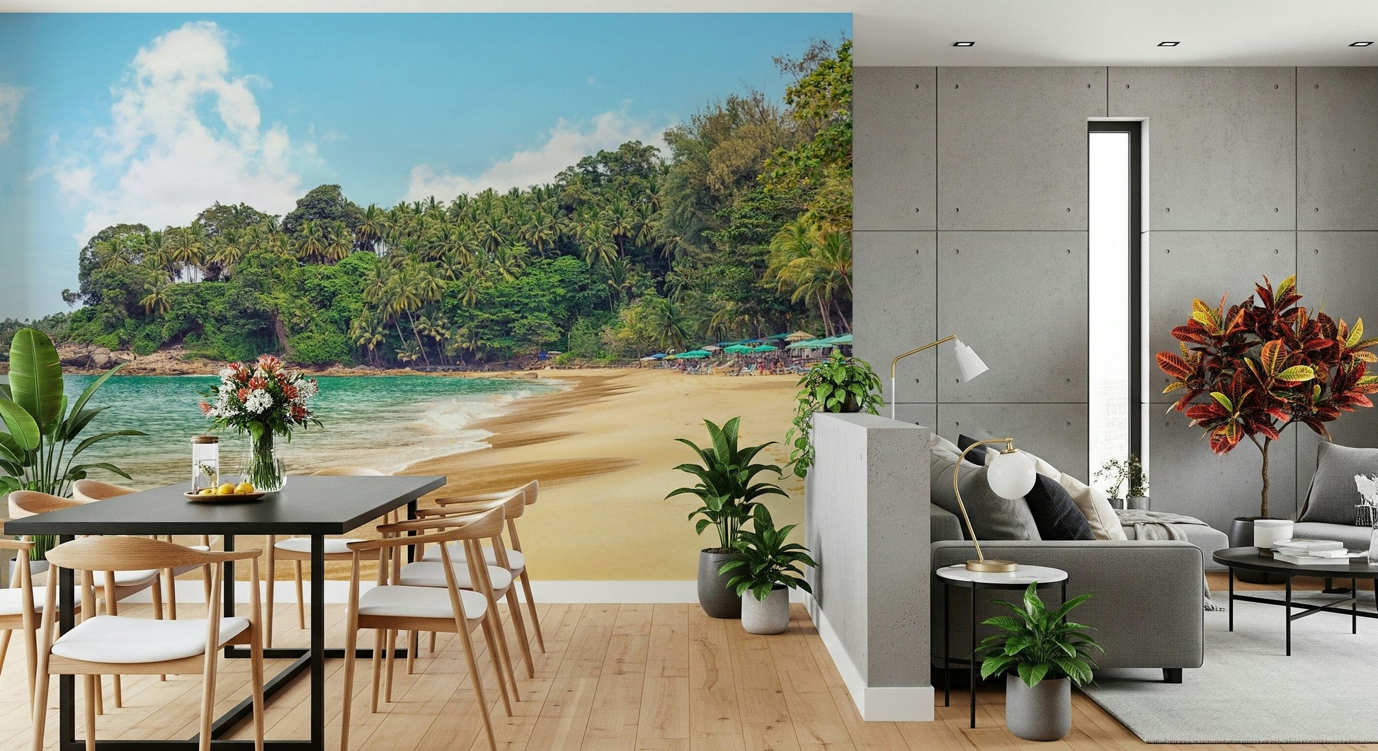 Bedroom interior featuring tropical shoreline mural and soft sky cloud wallpaper tones