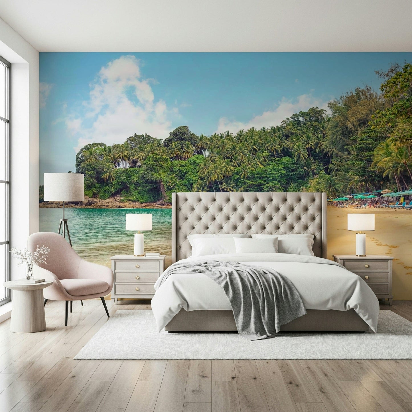 Tropical beach wall mural with calm ocean, palm trees, sky cloud wallpaper and nature view