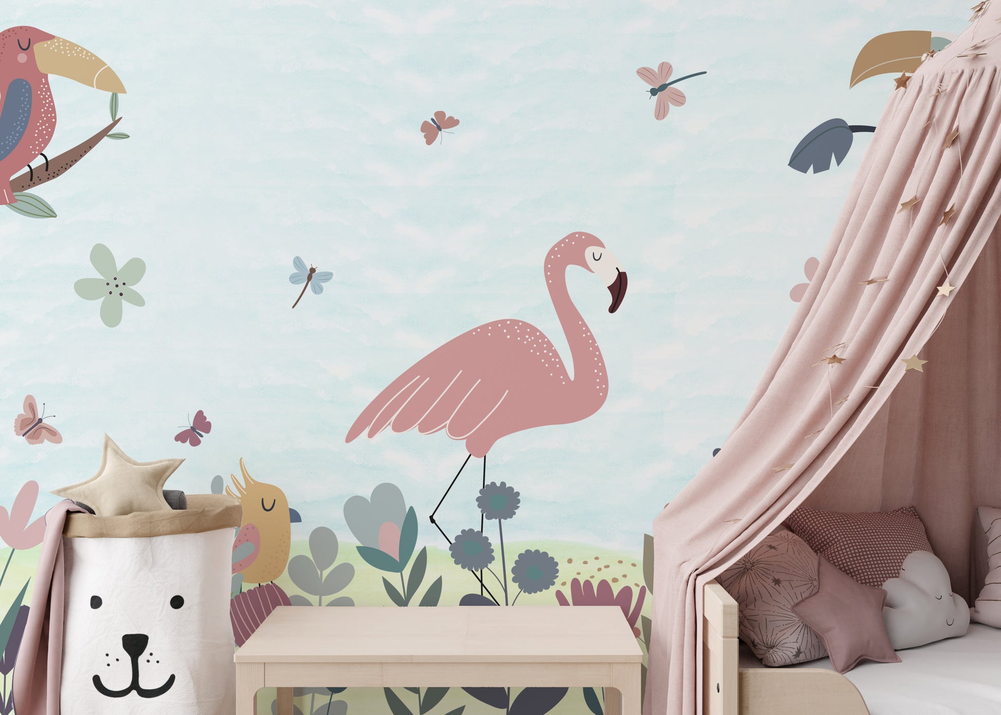 Tropical Bird wallpaper with a pink flamingo, toucan and butterflies in a kids room with a pink canopy bed
