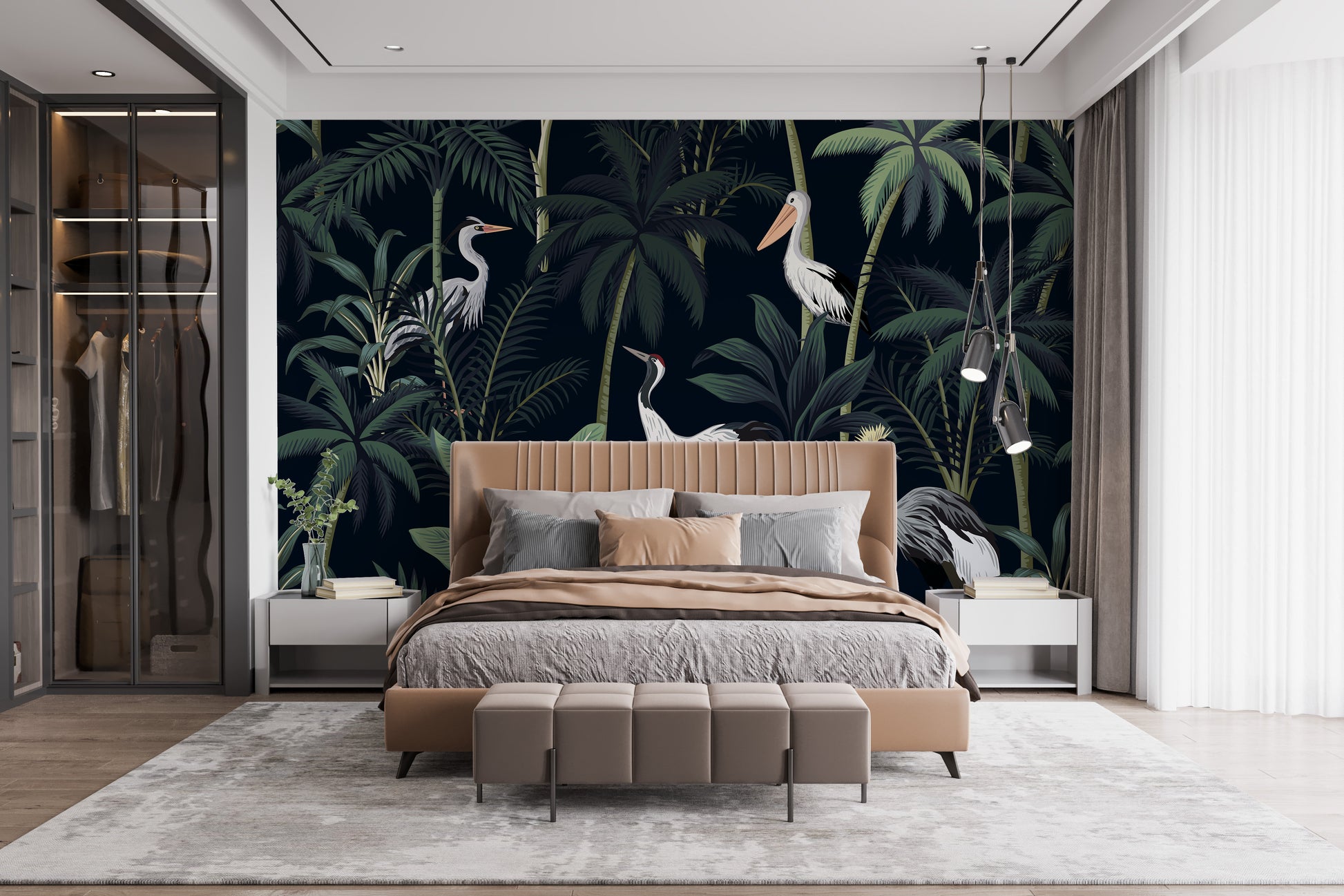 Birds flying in tropical night sky mural design