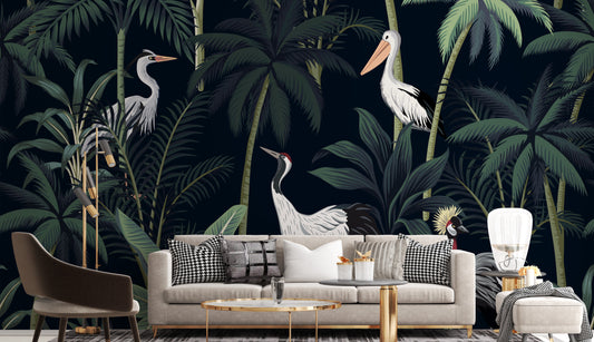 Tropical Birds In Night Sky wallpaper mural shown as a full feature wall that highlights the design
