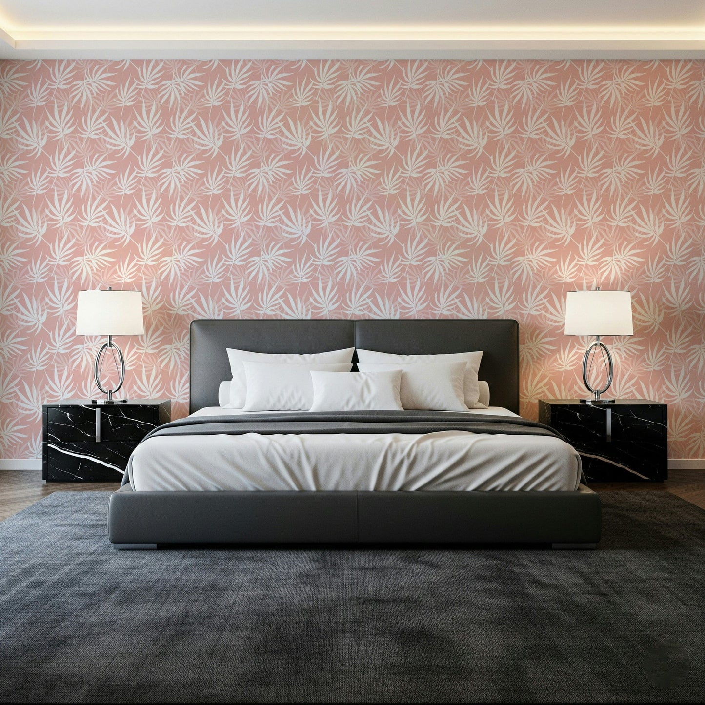 Blush tropical wallpaper in modern bedroom