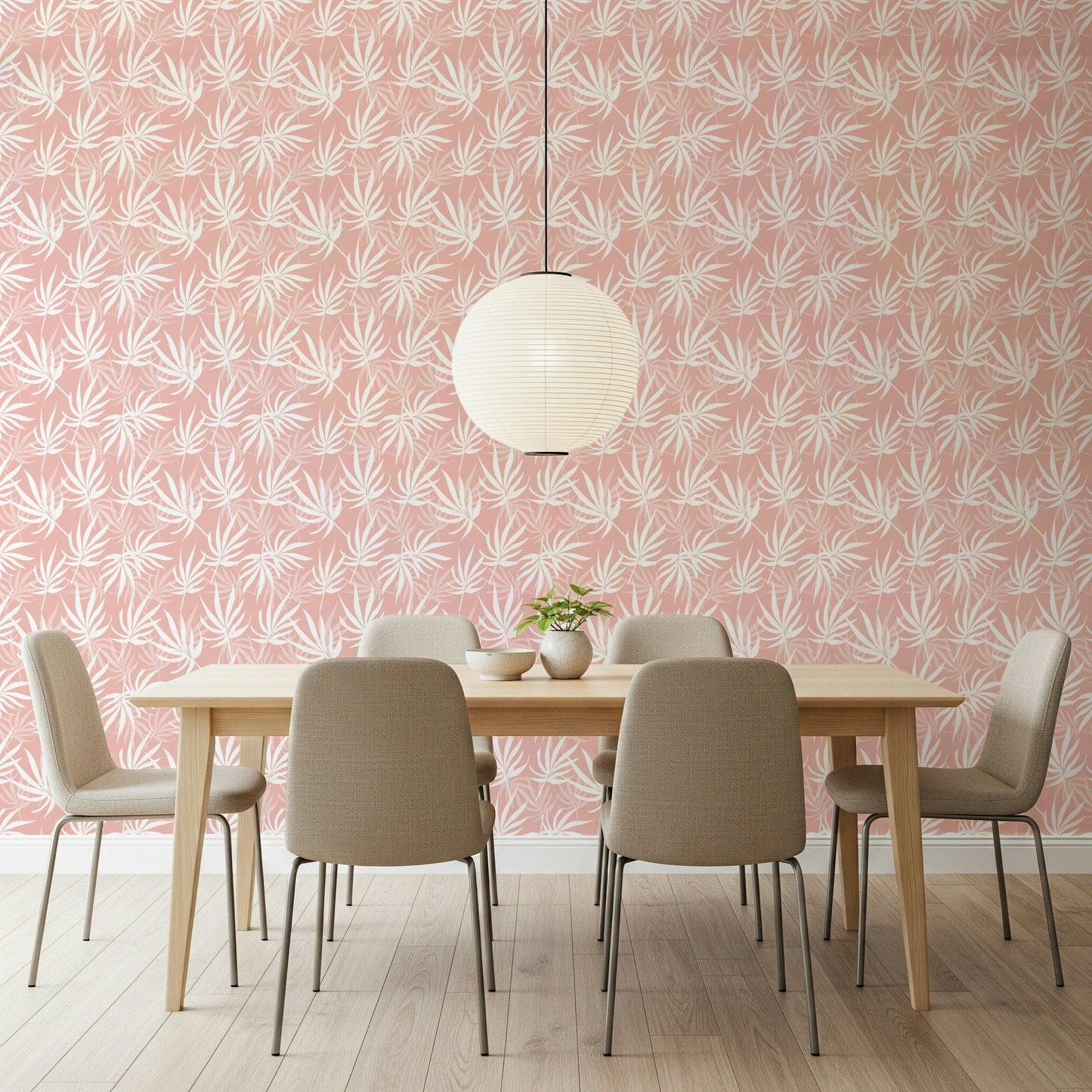 Tropical blush wallpaper in dining room
