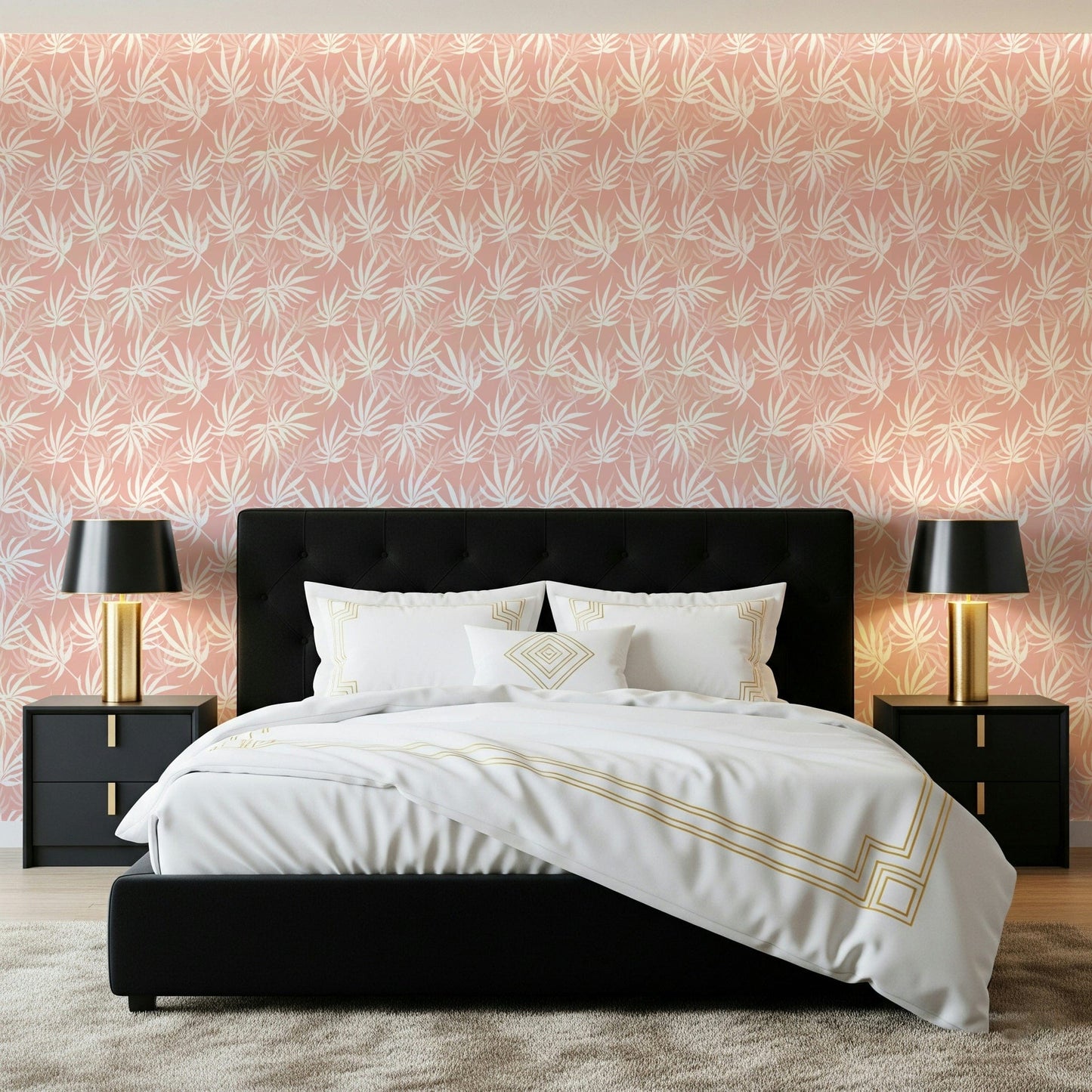 Coral leaf wallpaper behind white headboard