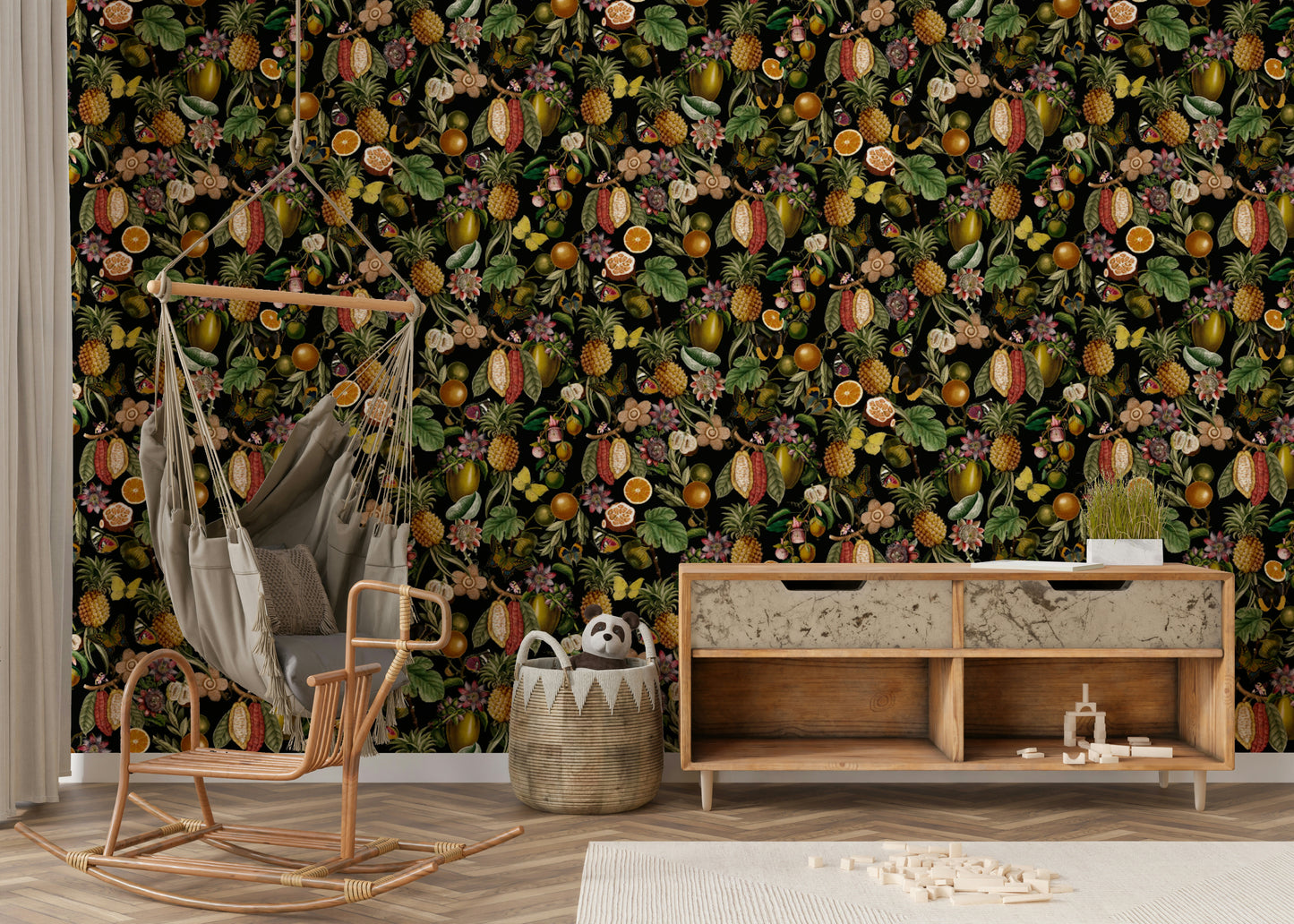 Close-up view of tropical foliage and blooms in Tropical Botanical Rhapsody wallpaper.

