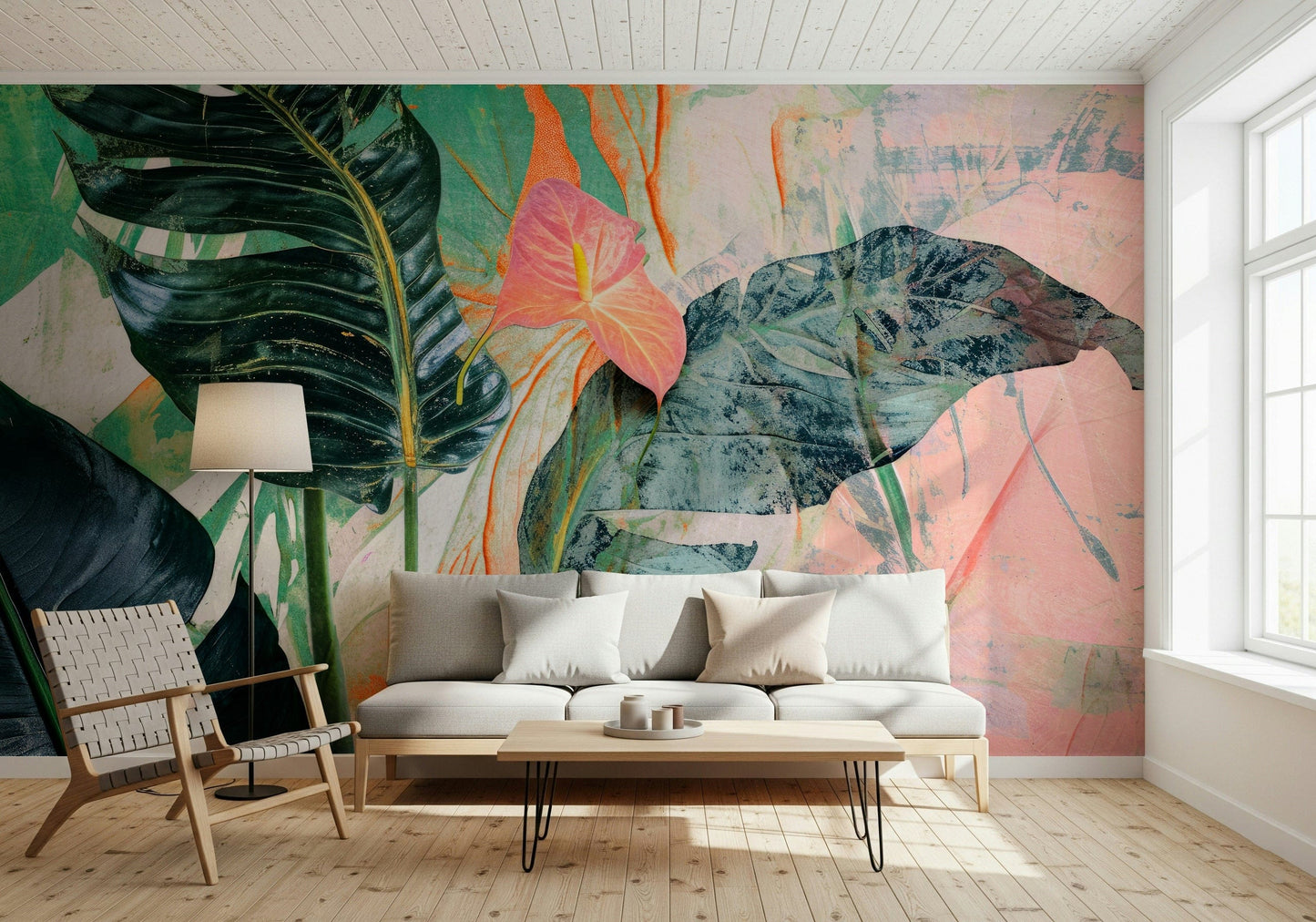 A beautiful modern art wall mural of plant leaves.

