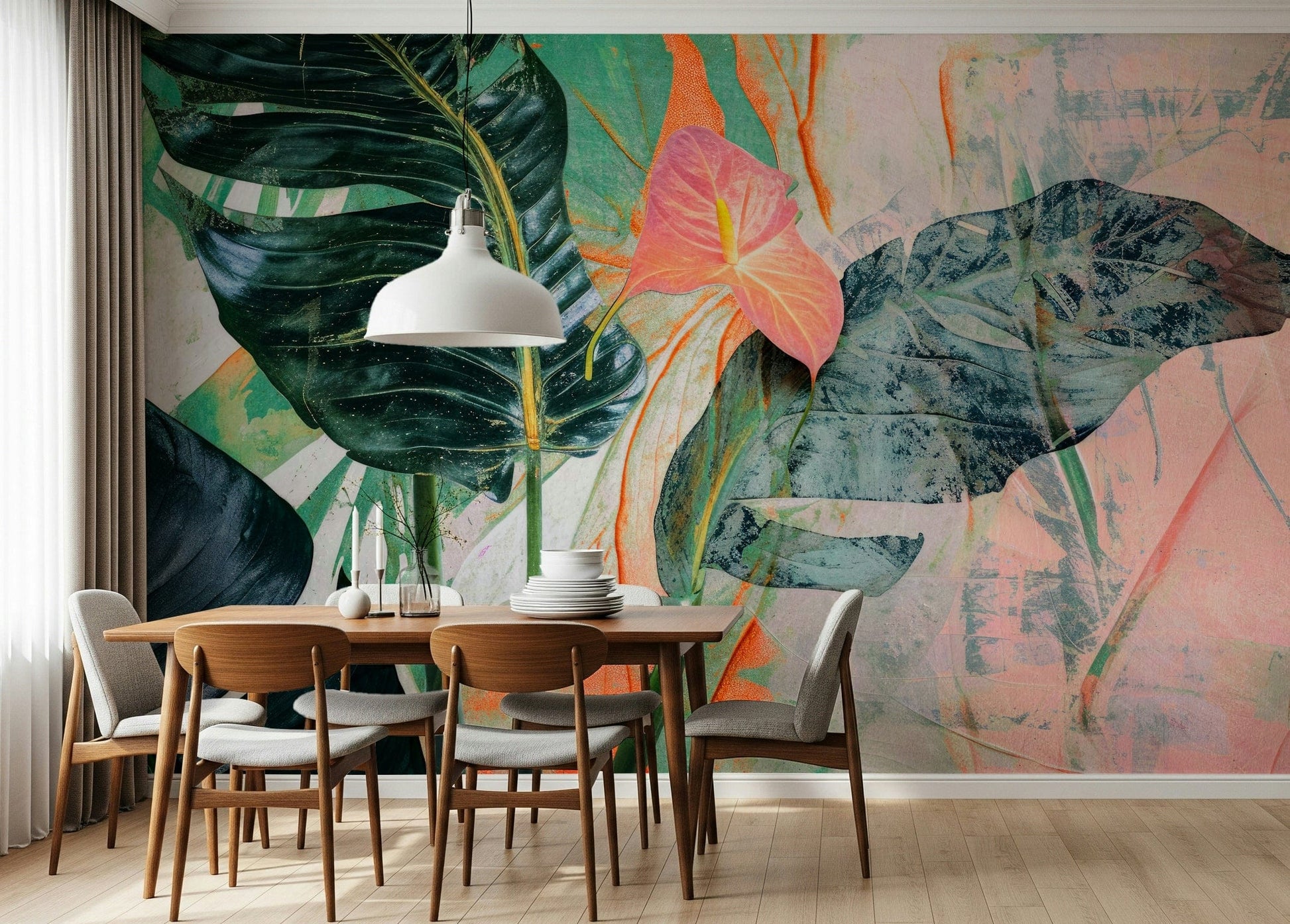 An abstract foliage mural on minimalist wallpaper.


