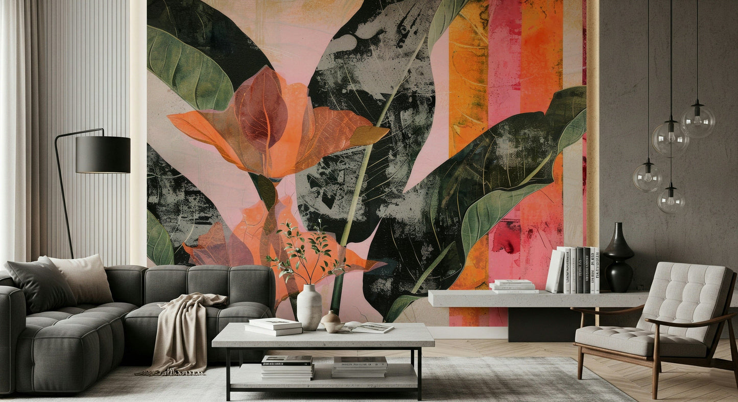 A calming foliage design wallpaper mural that defines a space.

