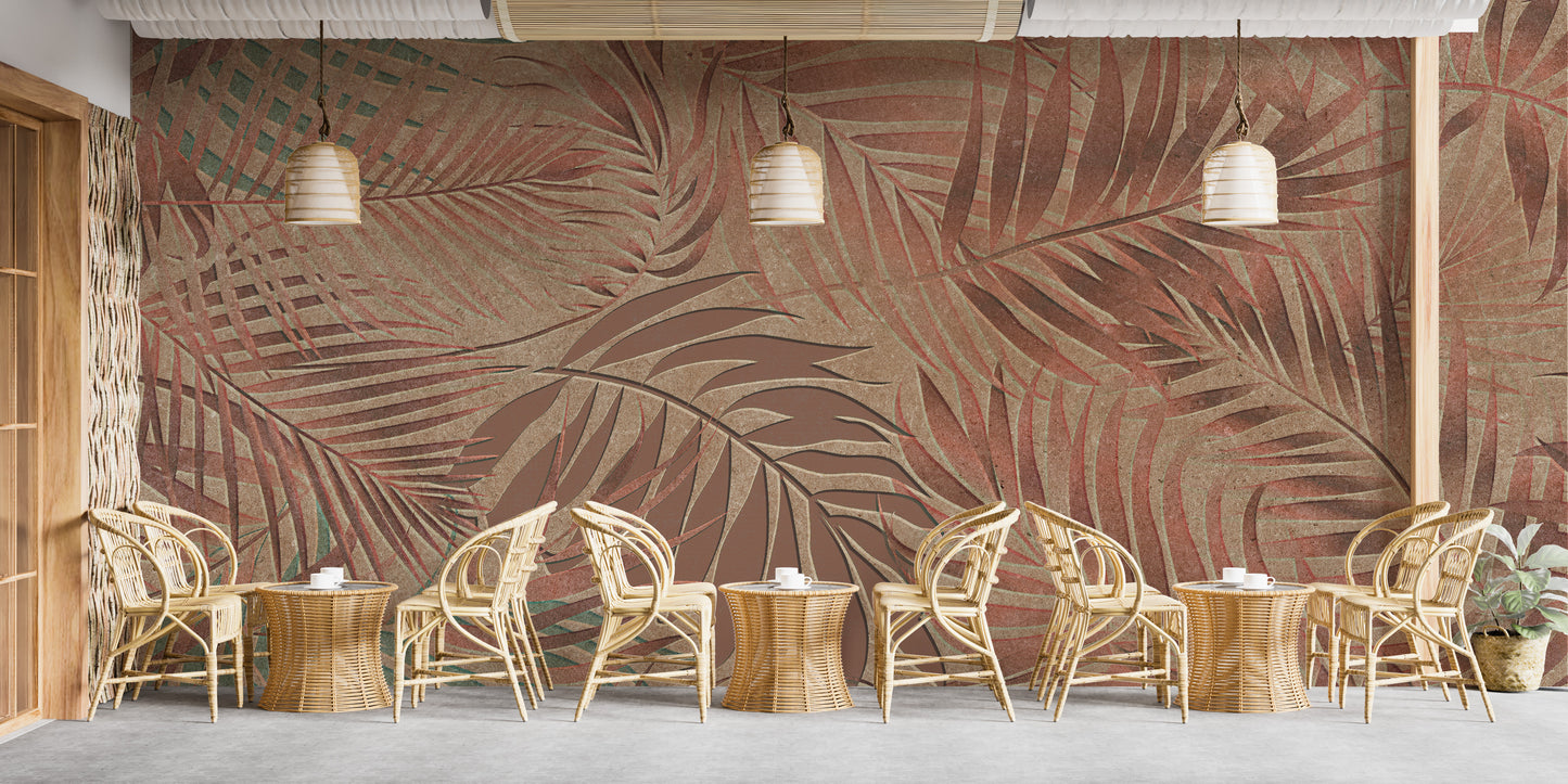 Tropical Copper Leaves wallpaper mural in copper palm fronds above rows of rattan chairs and tables in a cafe area
