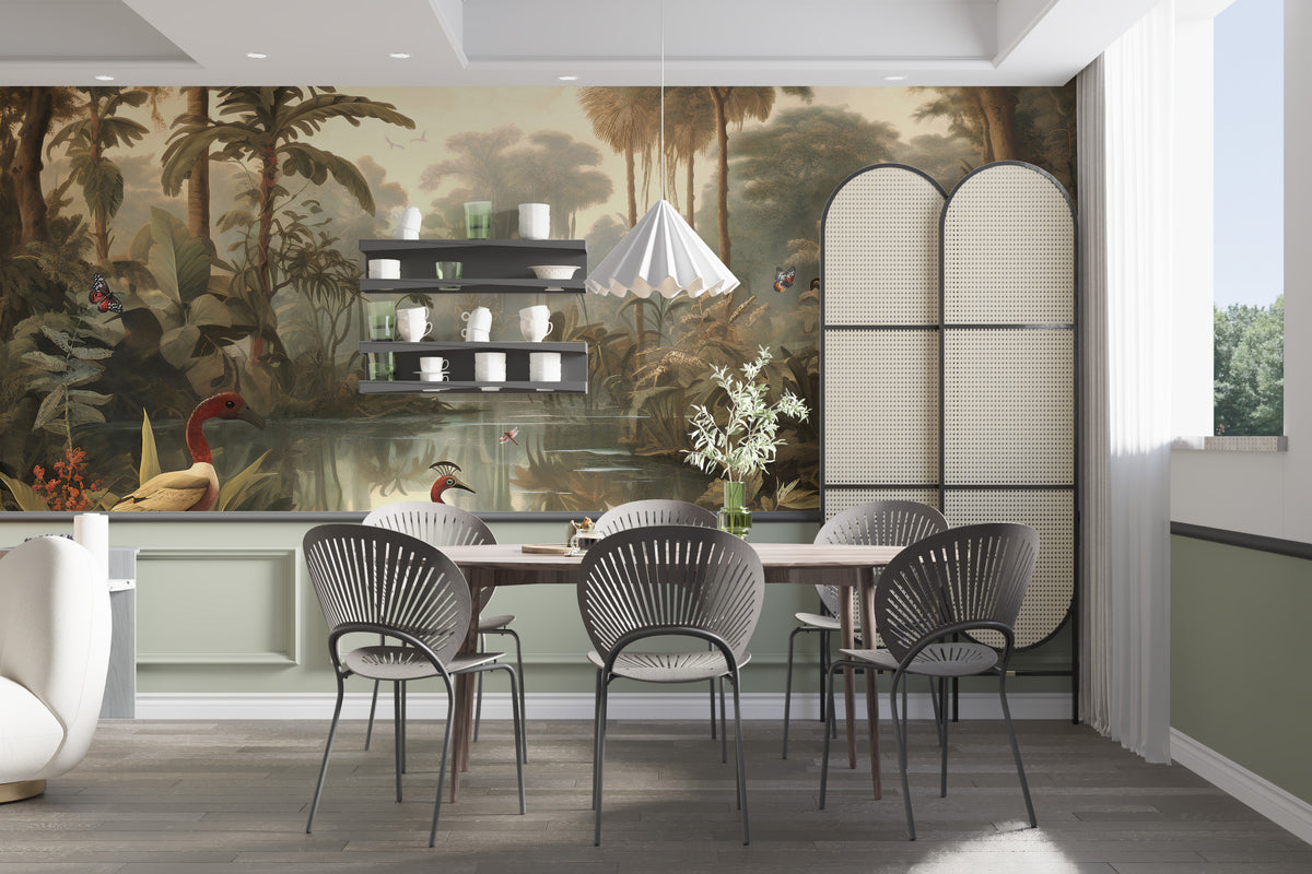 Tropical Coral Island Vintage wallpaper mural styled along a hallway feature wall near a console in green tones