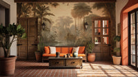 Tropical Coral Island Vintage wallpaper mural as a feature wall in a home office workspace in green tones