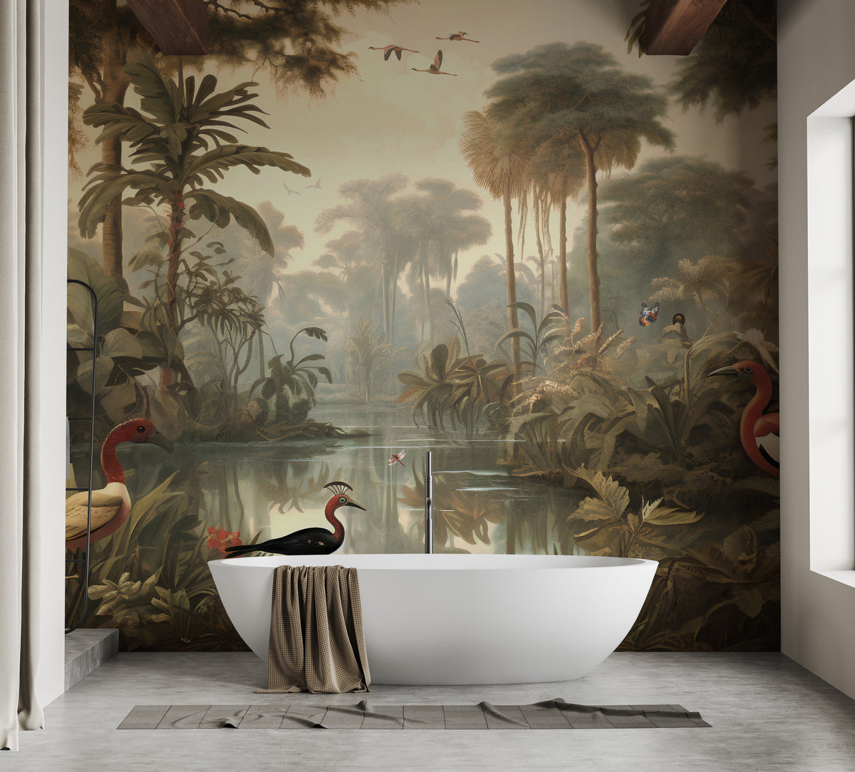 Tropical Coral Island Vintage wallpaper mural styled as a feature wall behind a dining table and chairs in green tones