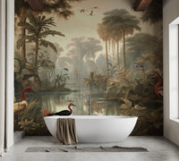 Tropical Coral Island Vintage wallpaper mural styled as a feature wall behind a dining table and chairs in green tones
