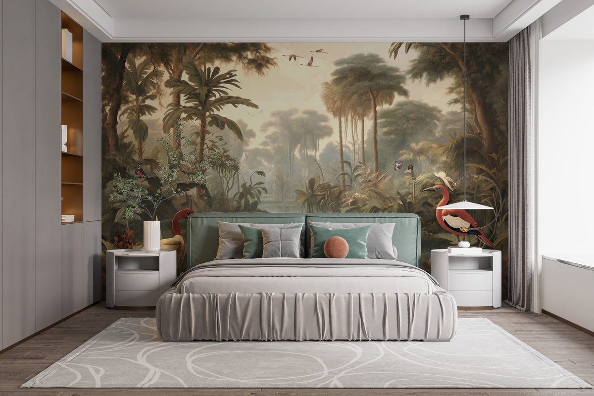 Tropical Coral Island Vintage wallpaper mural as a bedroom feature wall behind the headboard in green tones