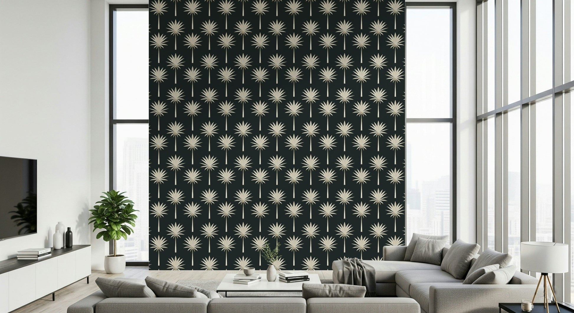 Hand-drawn look Art Deco Tropical wallpaper, perfect for striking home decor.