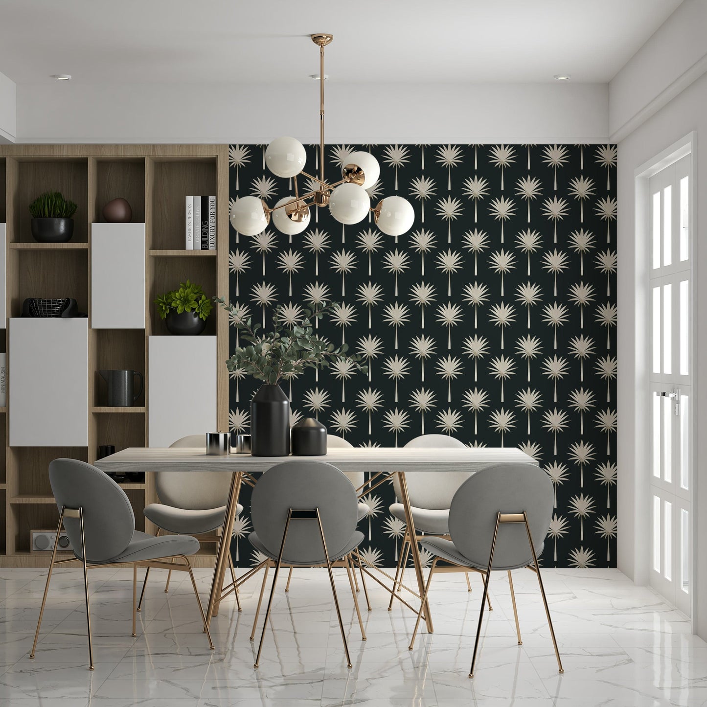 Glamorous Luxe Palms Art Deco wall mural, chic tropical leaf repetition.