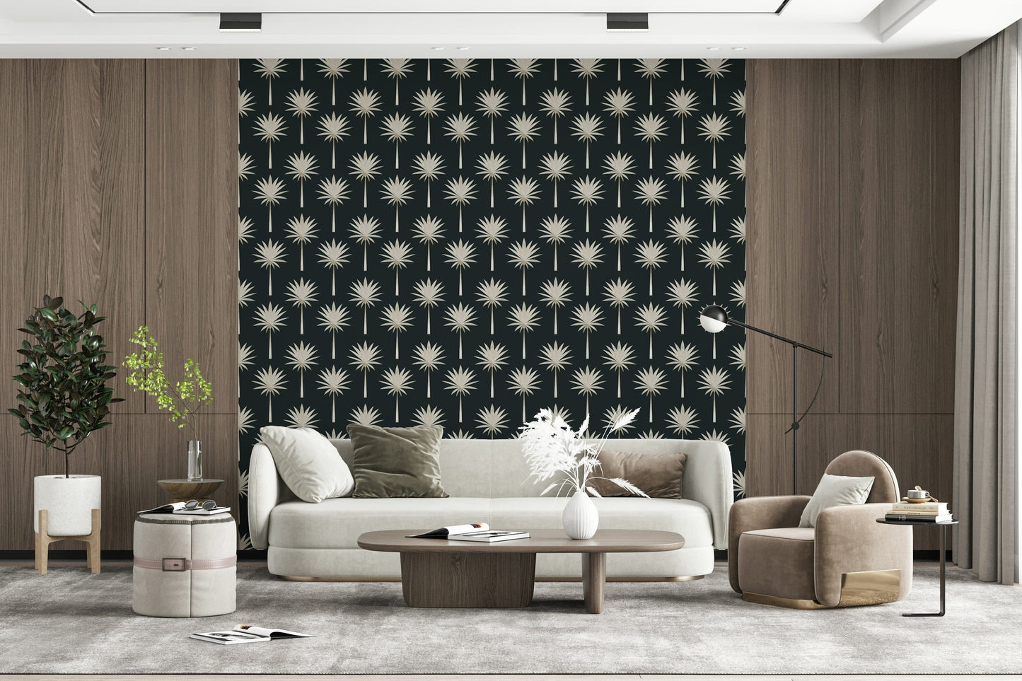 Elegant Luxe Palms print; sophisticated wallcovering, vintage tropical design.