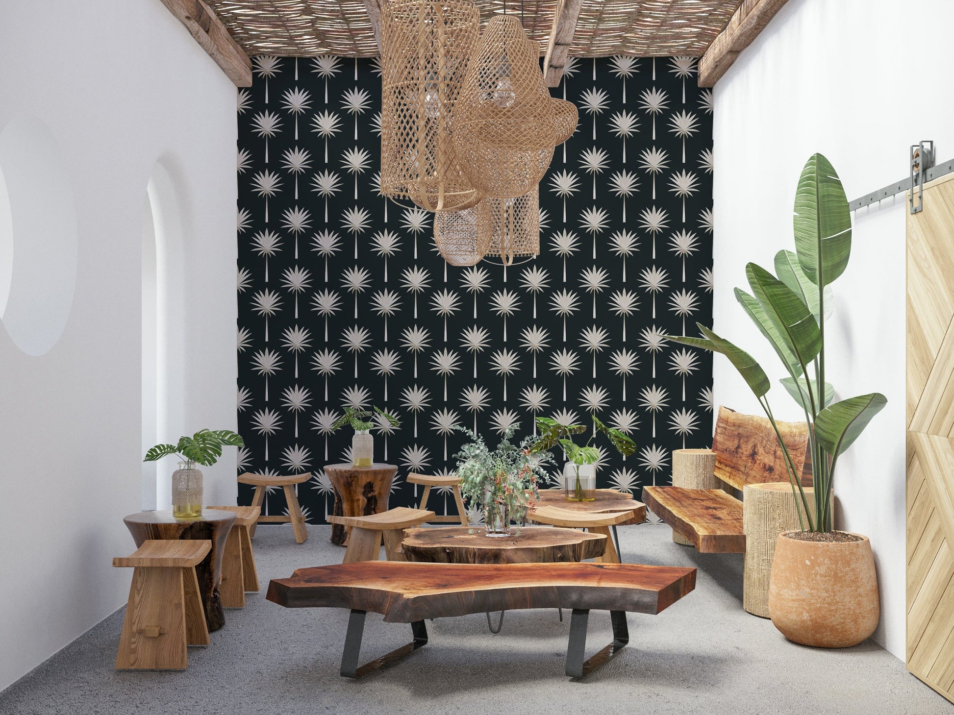 Luxe Palms mural with elegant fan fronds on a deep charcoal background.