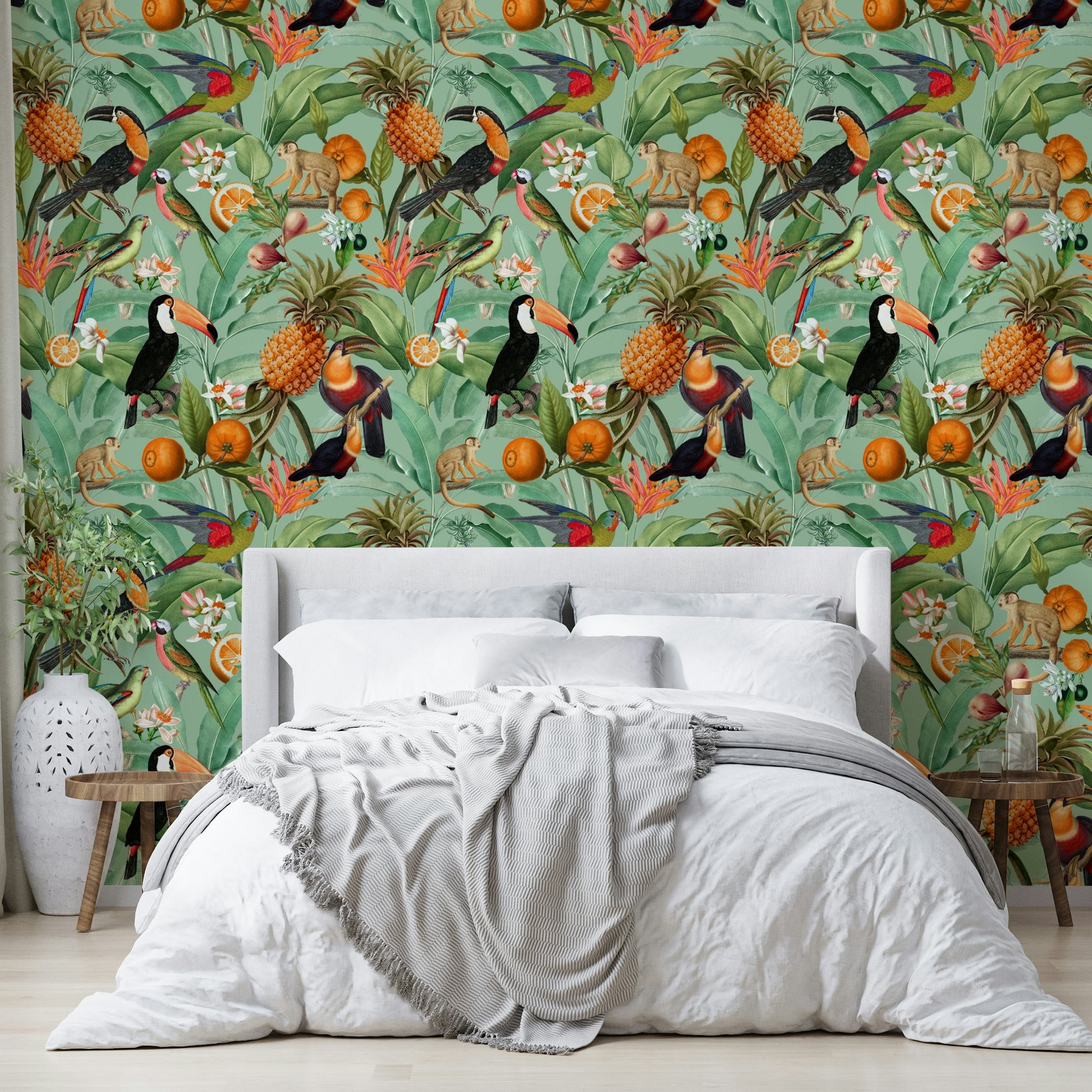 Exotic flowers and palm leaves in Tropical Eden 1 wallpaper design

