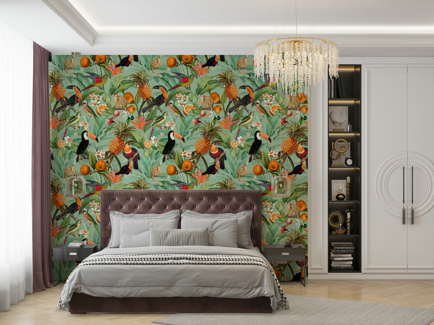 Vibrant tropical wallpaper with bold leaves and exotic blooms

