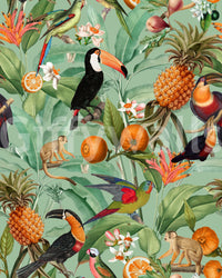  Exotic tropical flowers and greenery in bright wallpaper design


