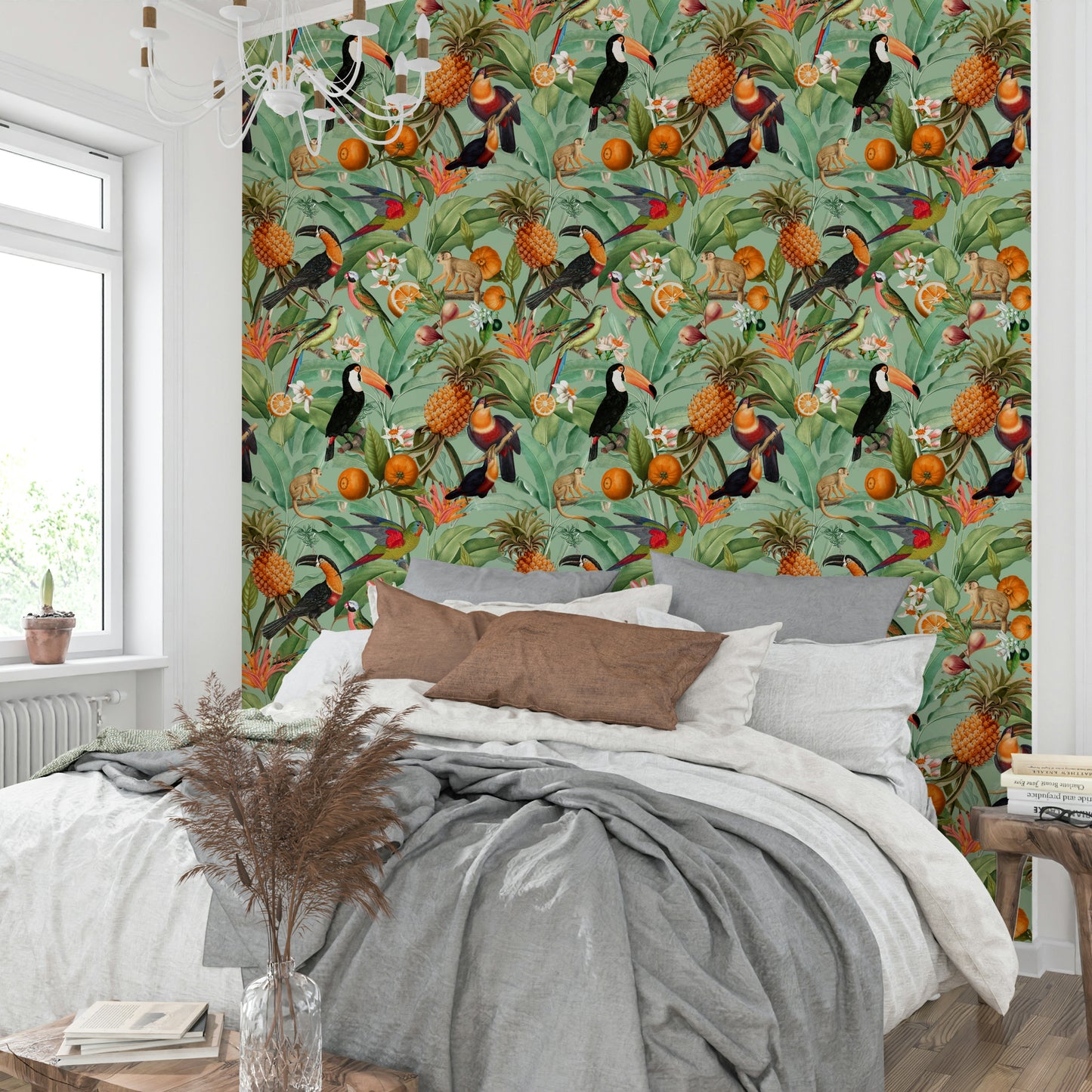 Bold tropical wallpaper creating a refreshing, nature-filled room

