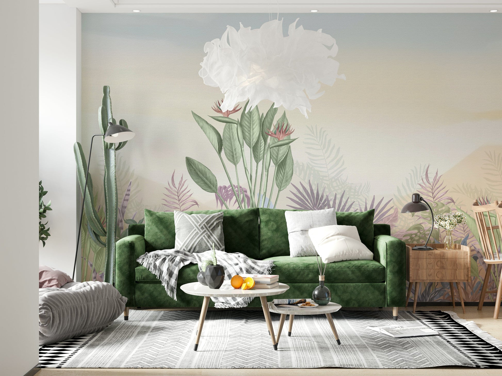 Botanical wall mural colour shades shown in a well-lit studio.
