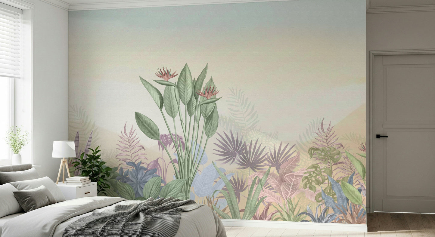 Large scale mural in a bedroom featuring natural colors and wood accents.