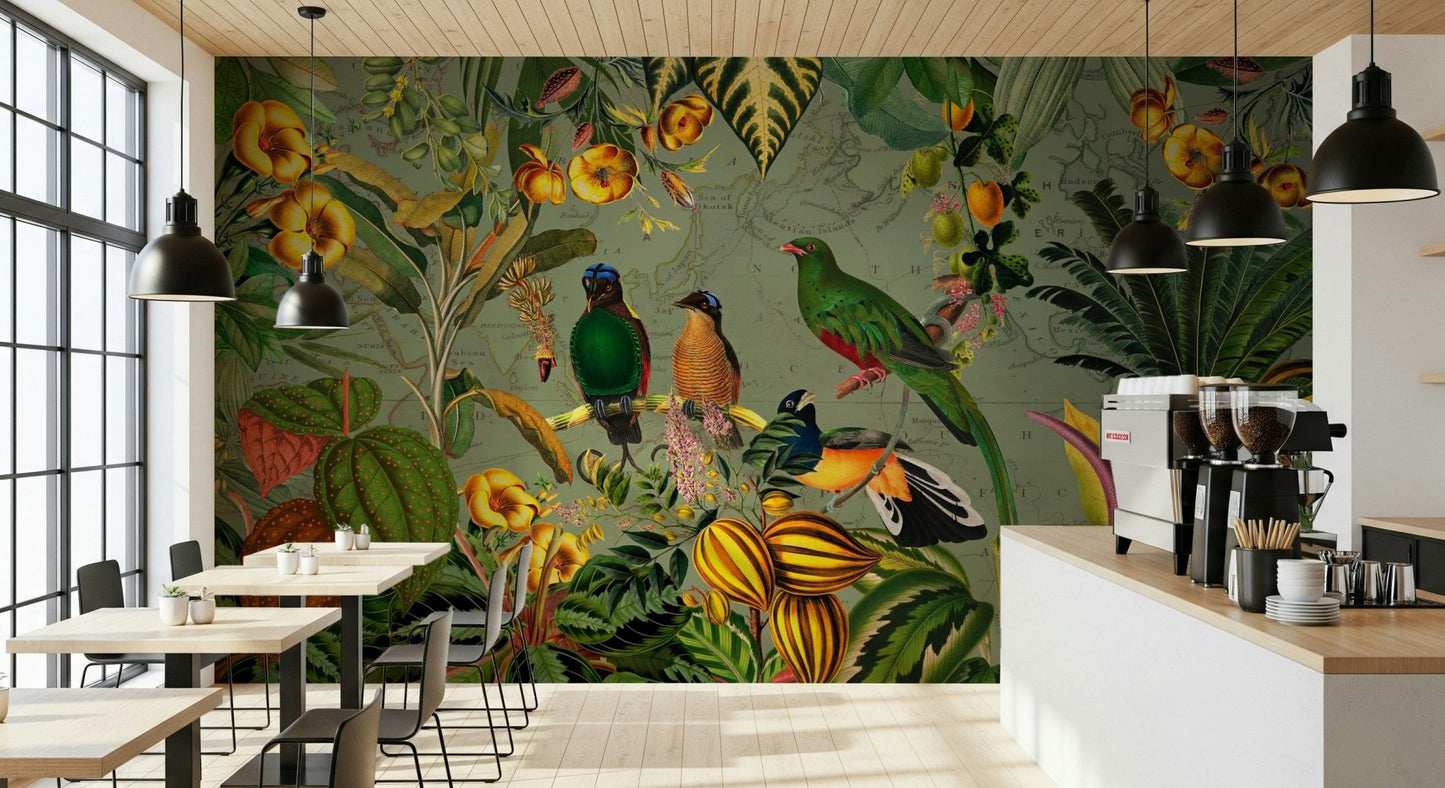 Tropical Explorers' Chart green mural in a cafe with wood tables, black pendant lamps and espresso bar