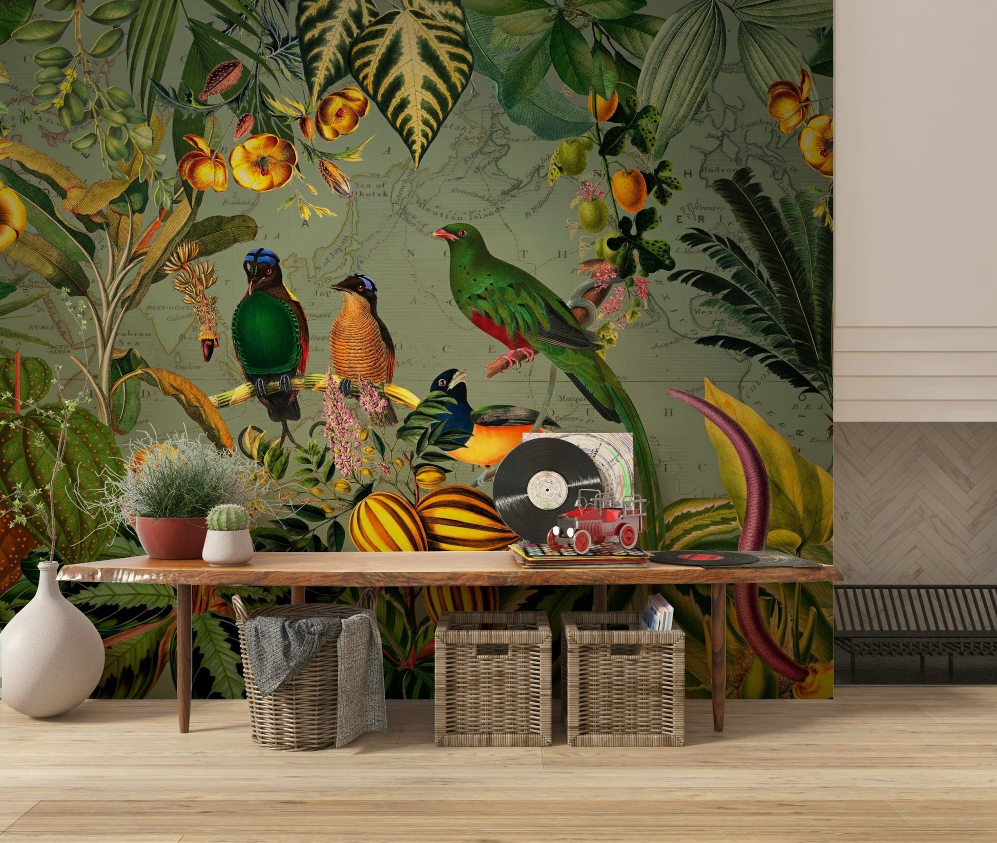 Tropical Explorers' Chart mural in an entryway with a wood bench, woven baskets and vinyl records