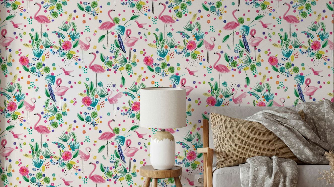 Tropical Flamingo Jungle Pink Green Wallpaper with lush leaves and birds.

