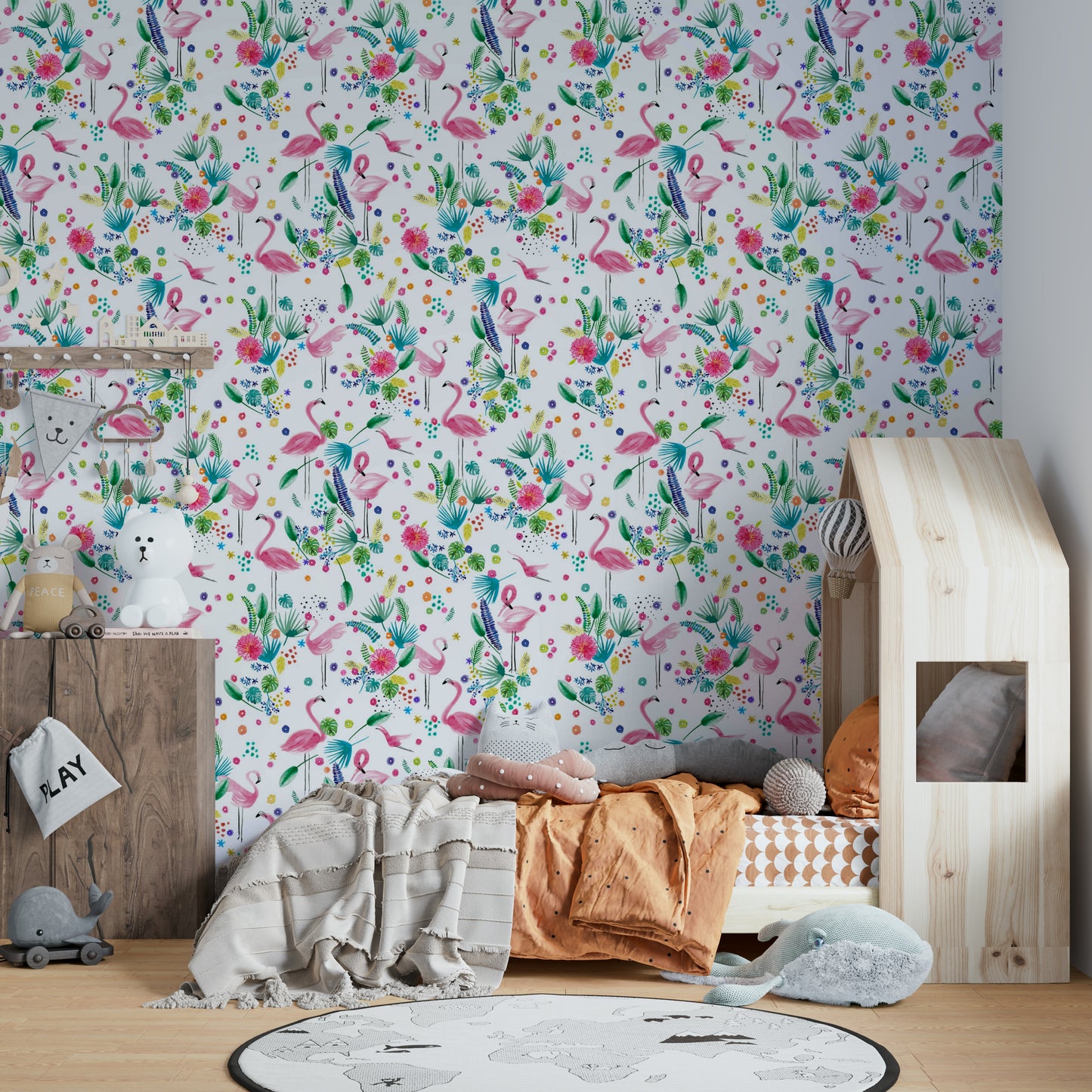 Jungle-themed wallpaper with flamingos and palm leaves.

