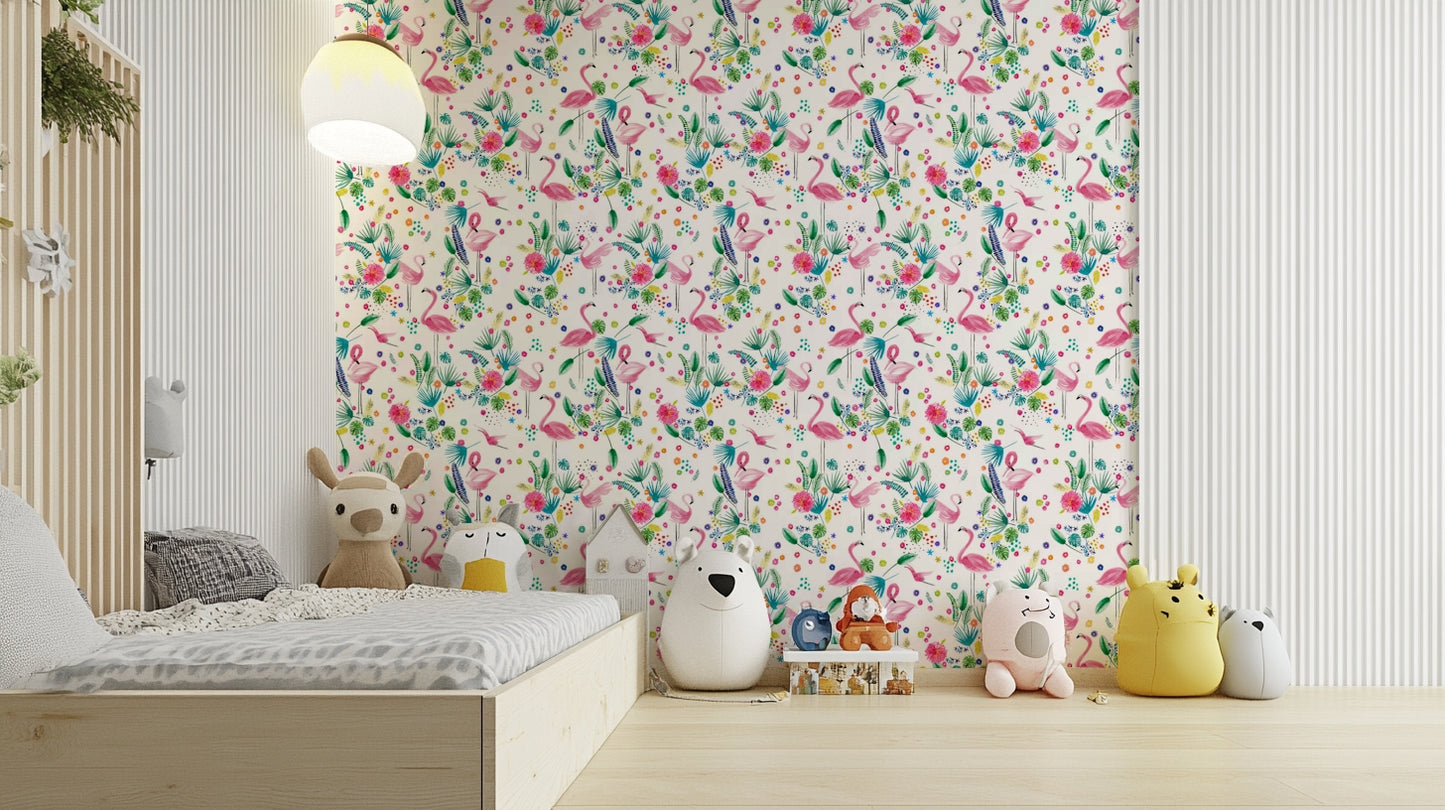 Hand-drawn tropical mural with flamingos and leafy greens.

