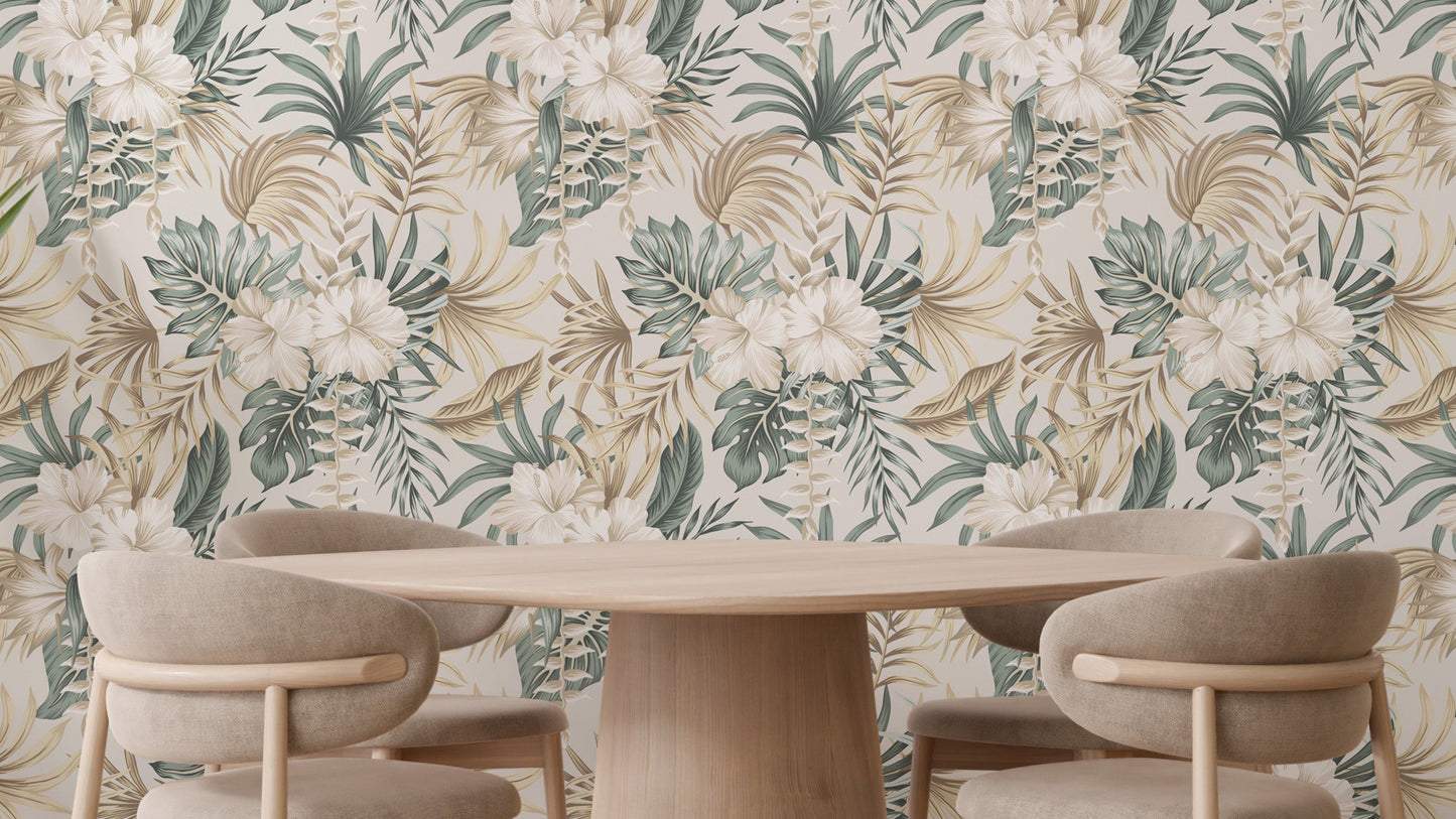 Elegant tropical floral palm leaf mural design
