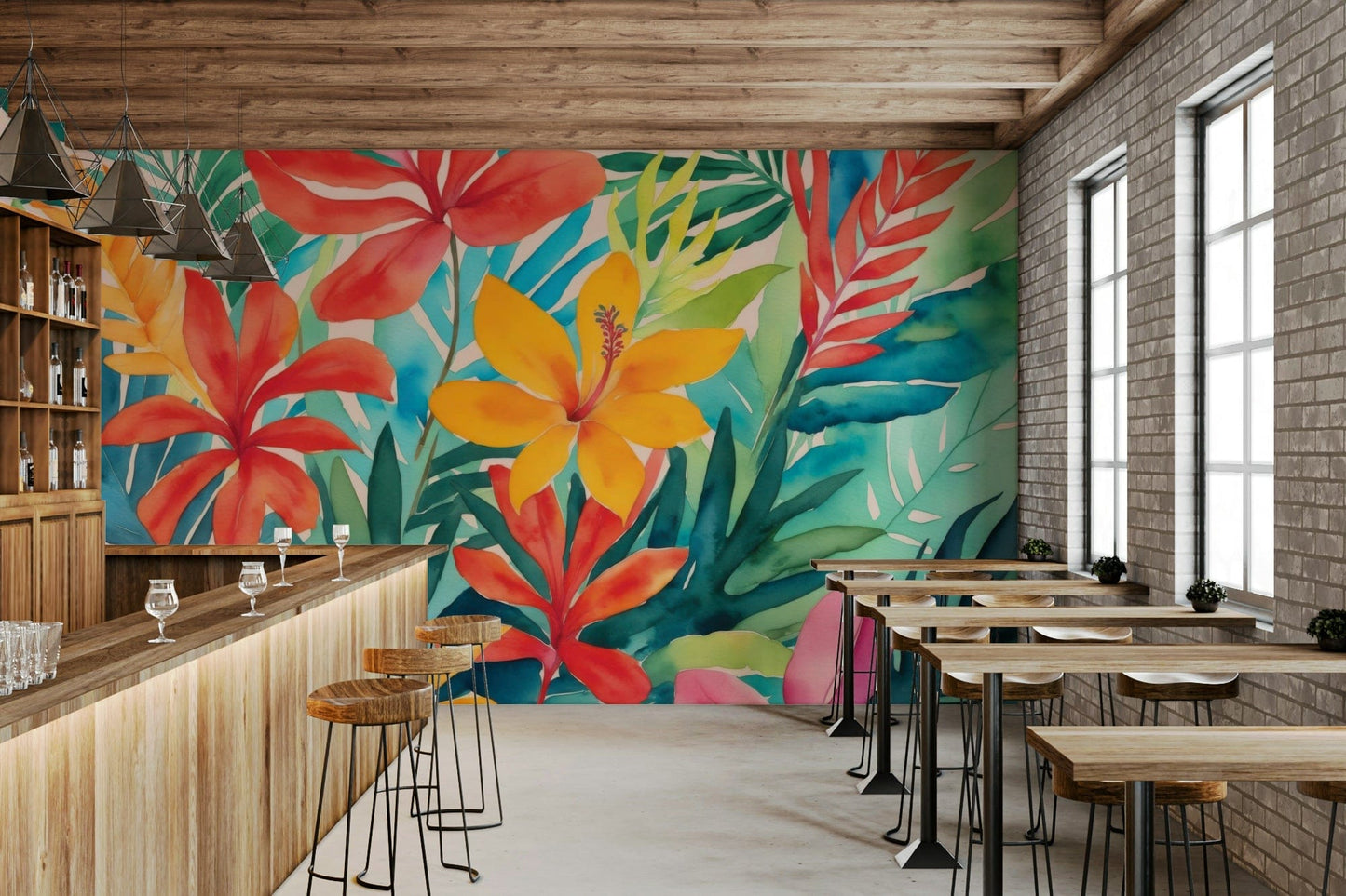 A wall mural depicting a dense and colorful tropical jungle.
