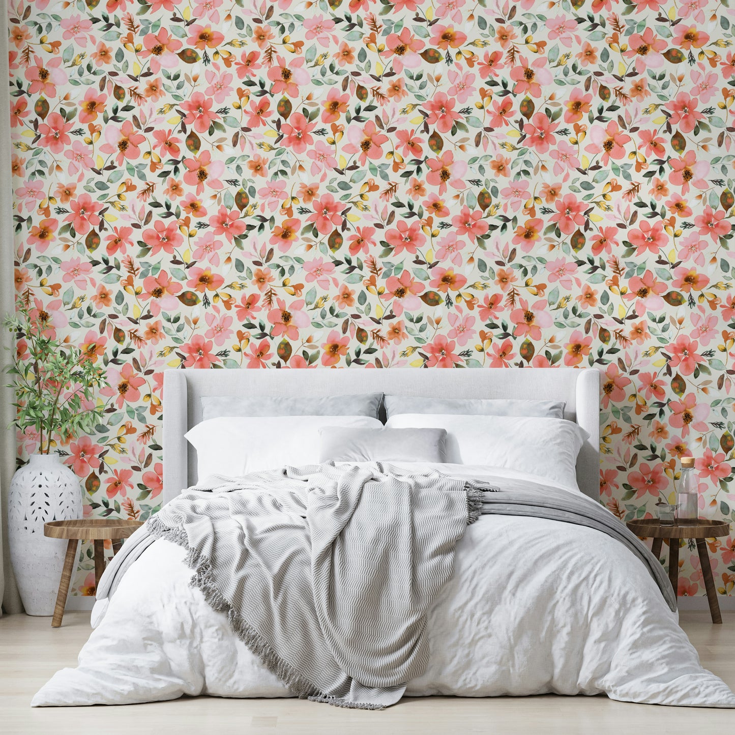 Wallpaper with subtle tropical flowers perfect for coastal spaces.

