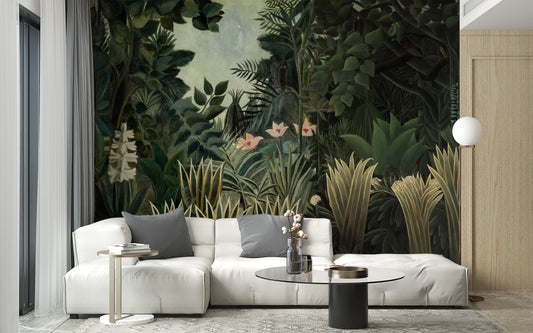 Lush Green Tropical Forest wallpaper mural shown as a full feature wall that highlights the design