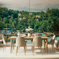 Amsterdam Twilight wall mural featuring waterfront glow, balanced nature look, and tree wallpaper touches