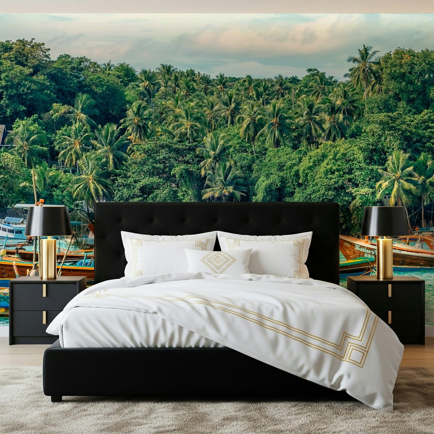 Amsterdam Twilight wall mural with canal lights, nature tones, subtle green wallpaper accents