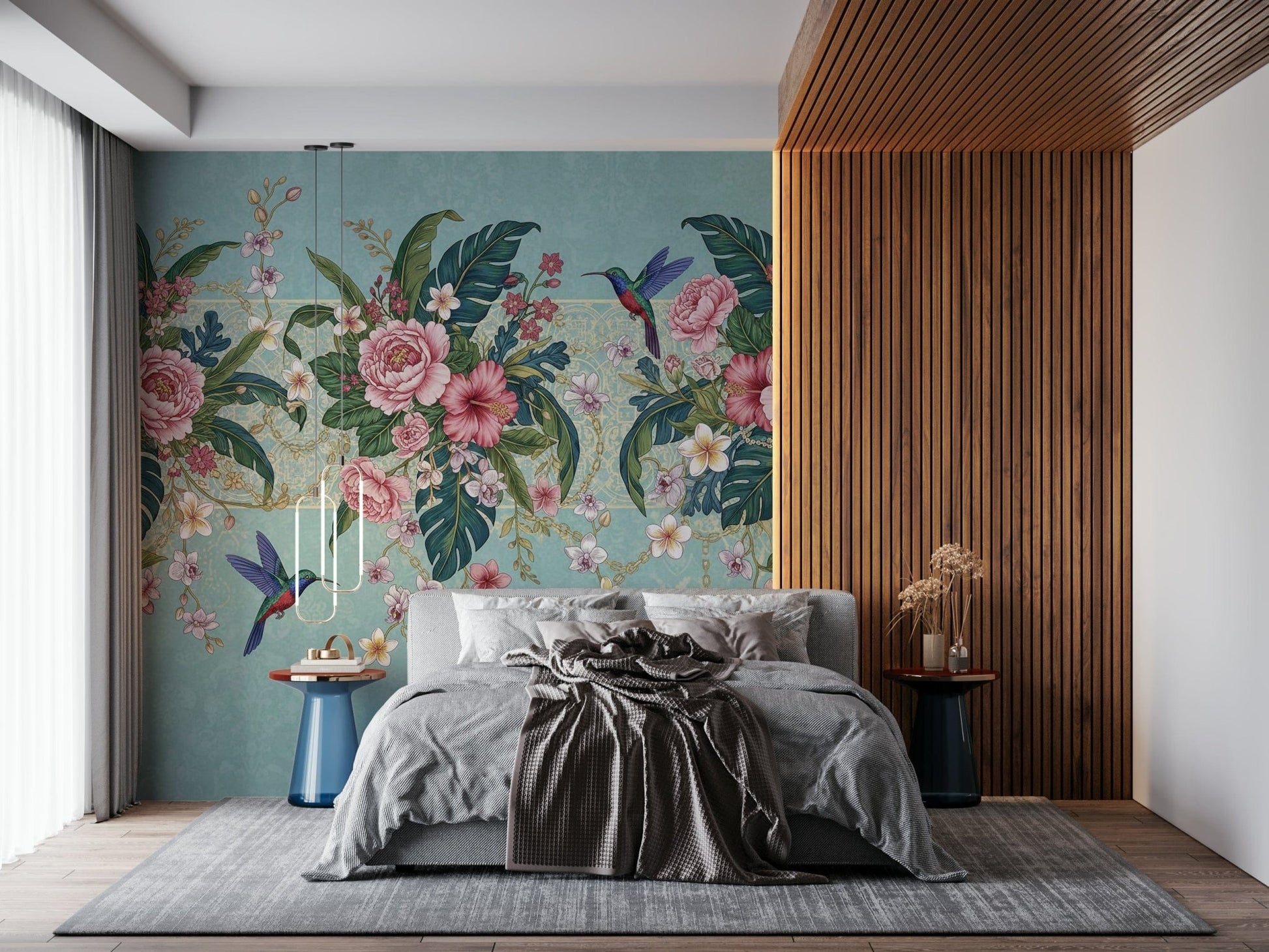 Tropical Hummingbird Bloom Wall Mural used as a backdrop in a home study.