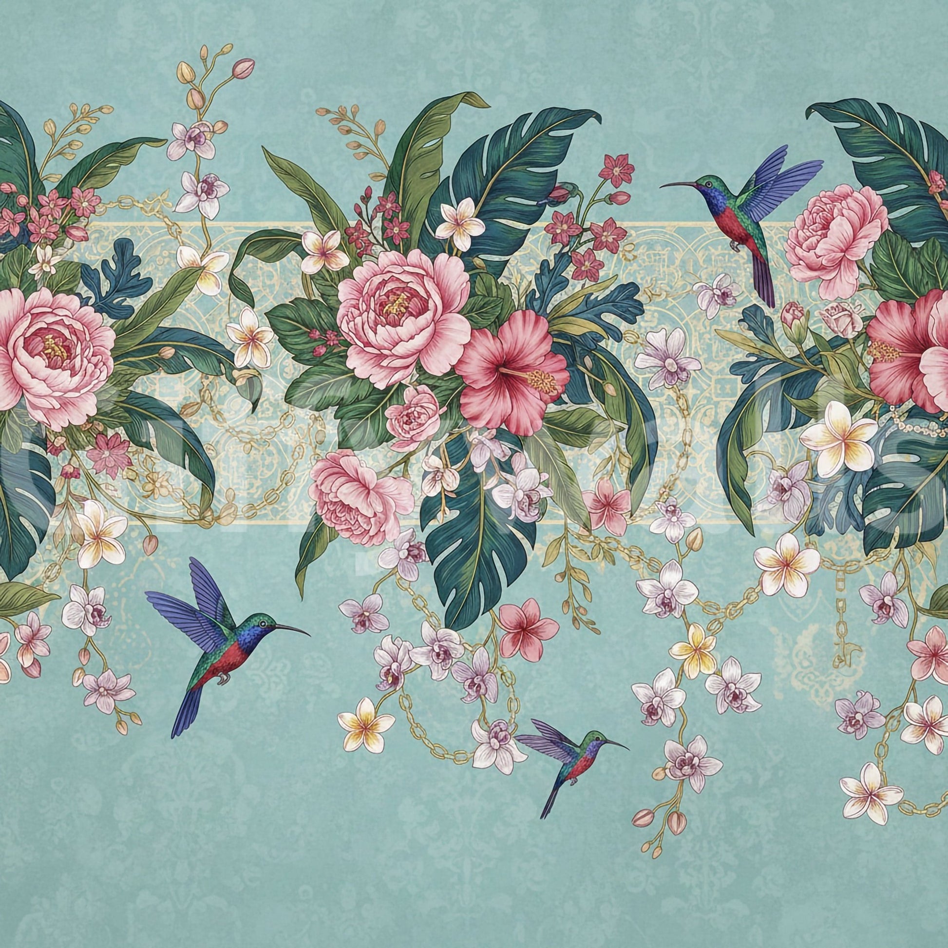 Tropical Hummingbird Bloom Wall Mural in a bright, modern kitchen area.