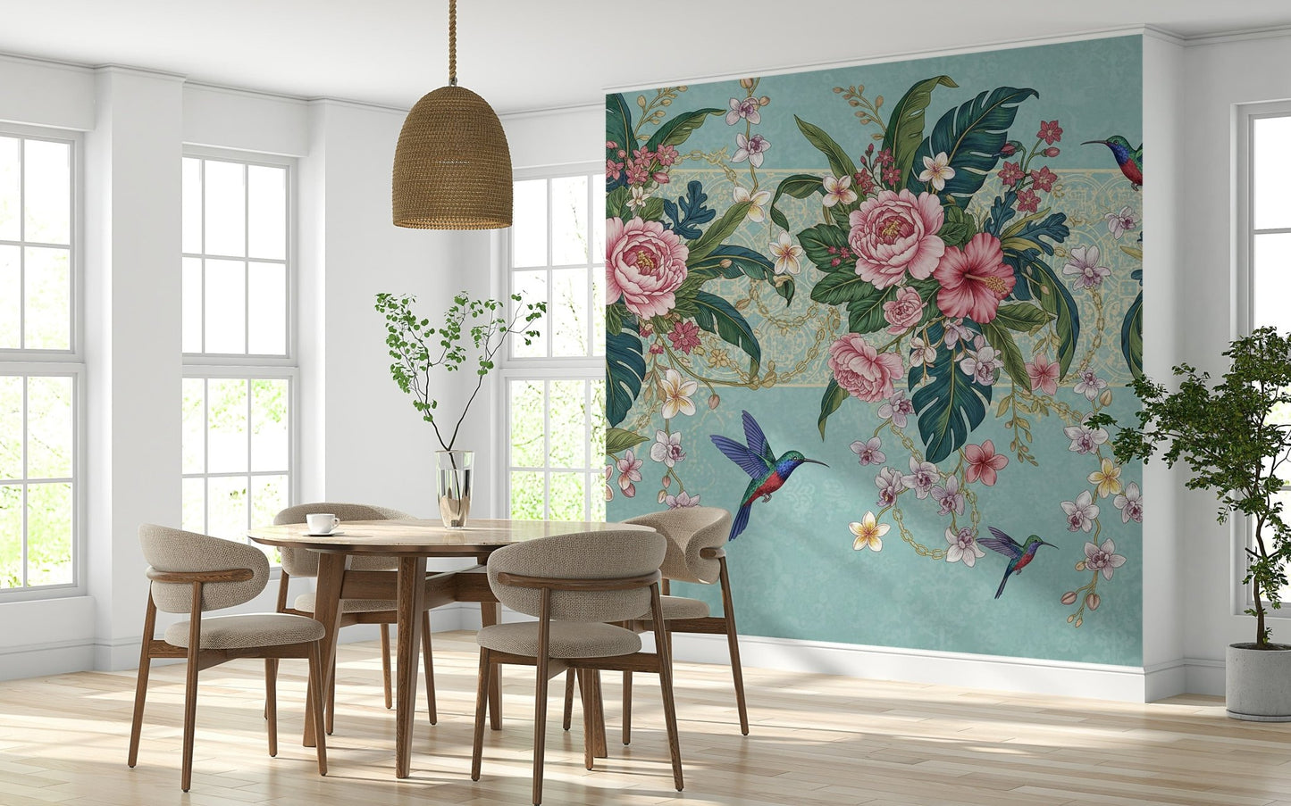 Tropical Hummingbird Bloom Wall Mural in a bedroom with teal accents.