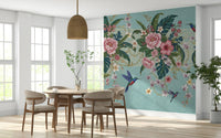 Tropical Hummingbird Bloom Wall Mural in a bedroom with teal accents.