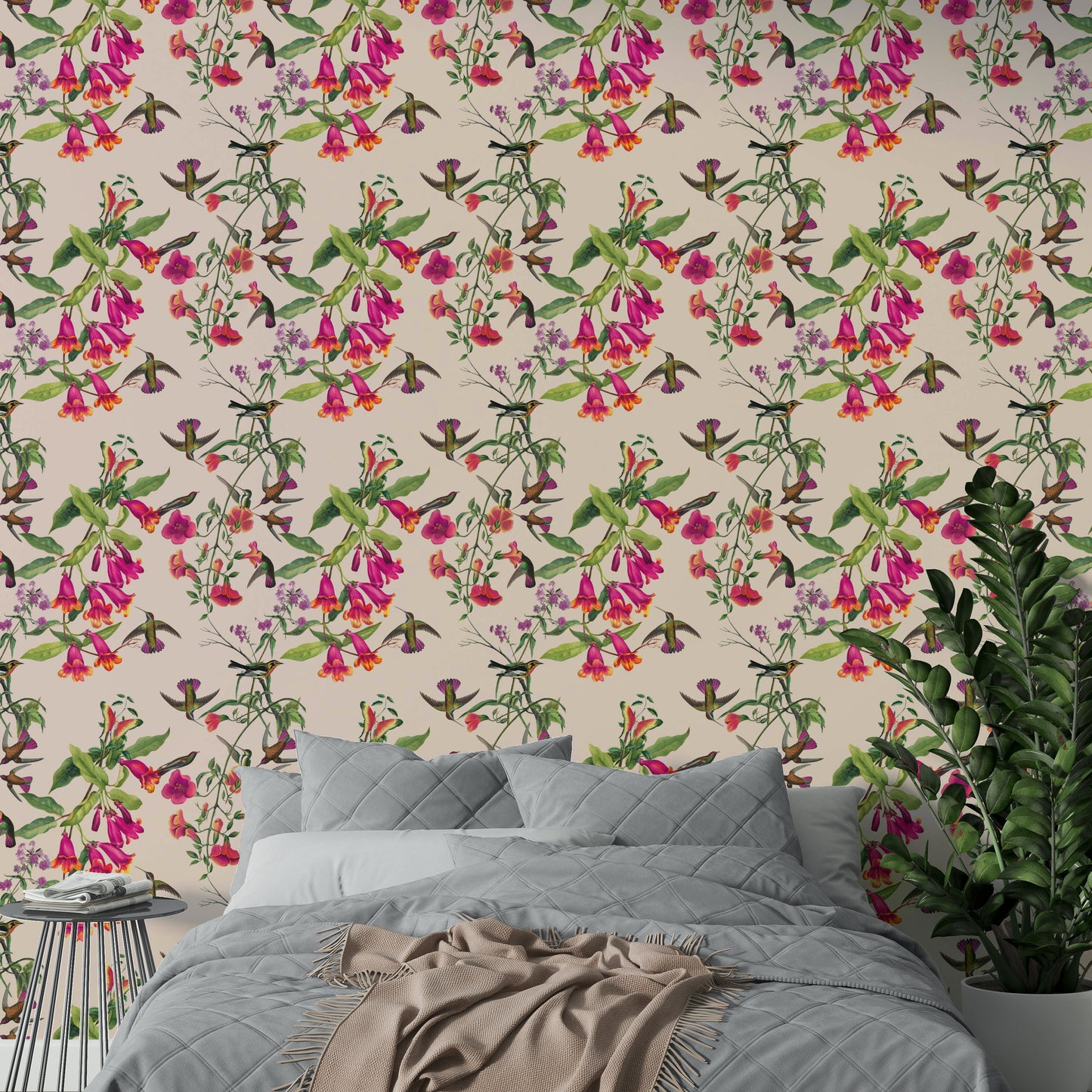 Vibrant wallpaper with tropical birds and flowers

