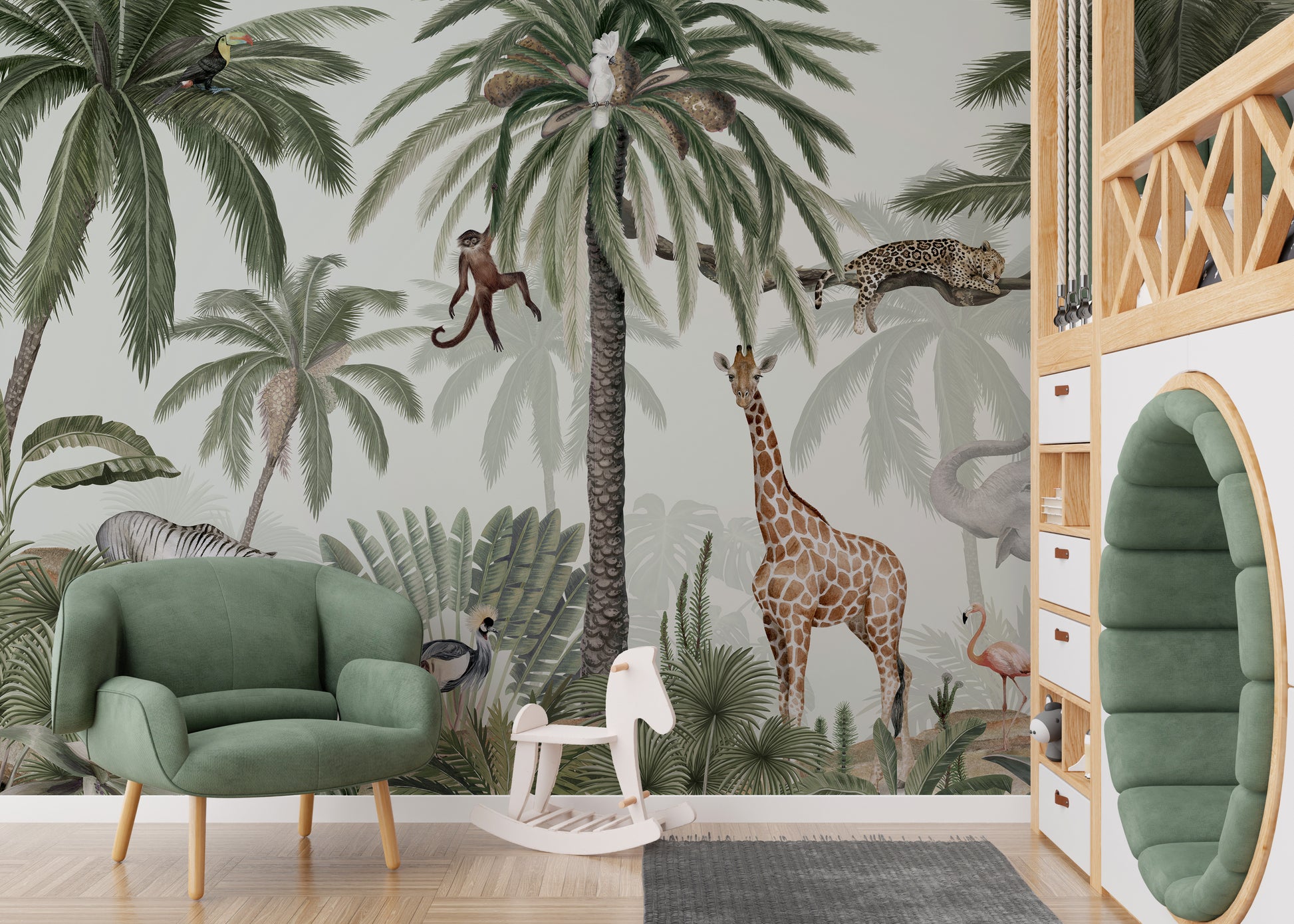 Tropical jive wallpaper mural with giraffe and elephant beside a green velvet armchair in a jungle kids room