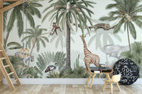 Tropical jive wallpaper mural with palms, leopard and white tiger behind a loft-bed ladder in a kids room
