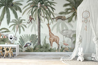 Tropical jive wallpaper mural with monkey, giraffe and flamingo beside a canopy in a green jungle kids room