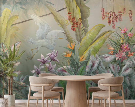 Green Plants & Flowers wallpaper mural shown as a full feature wall that highlights the design