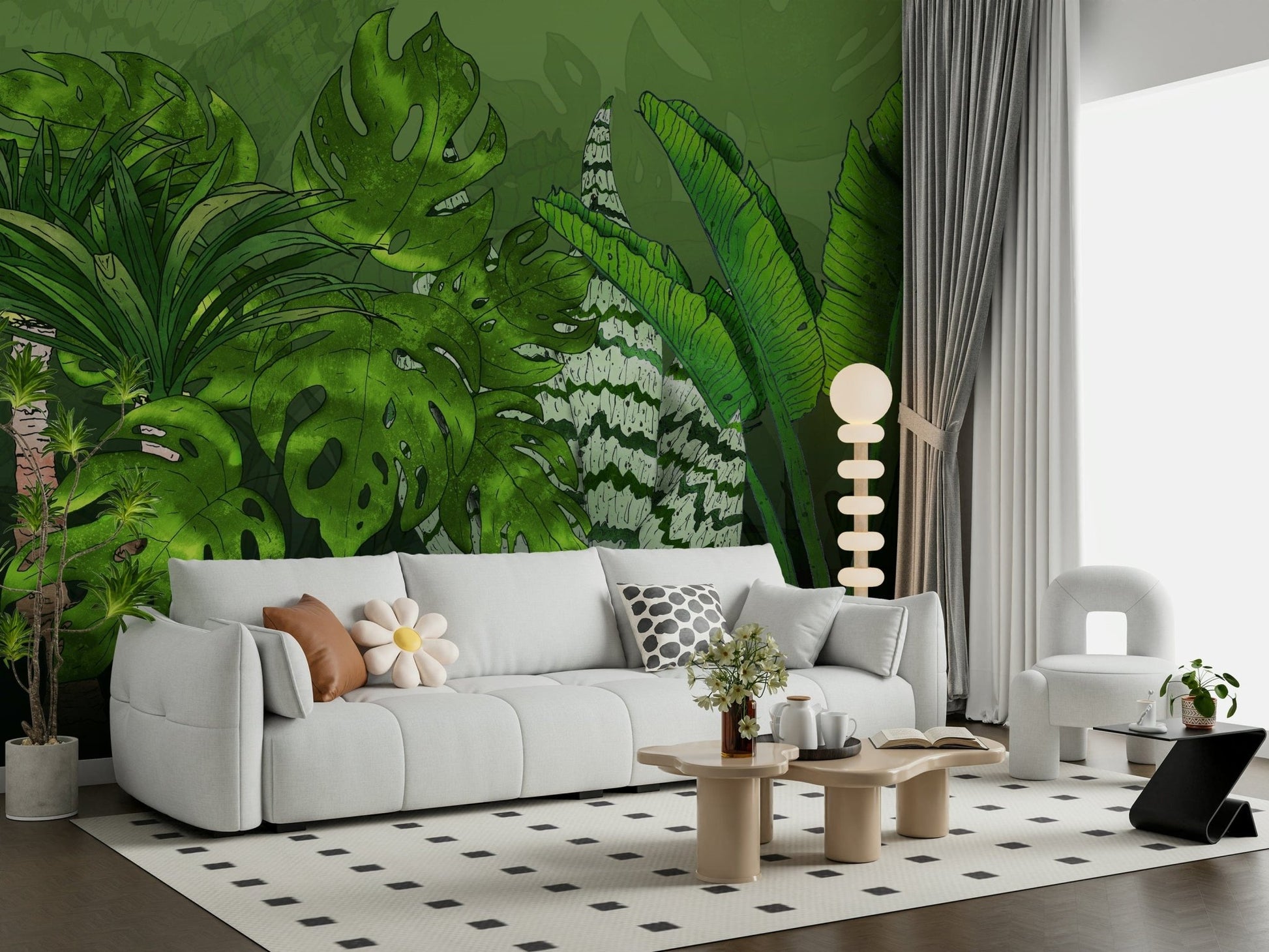 Decorative green scenery Tropical Jungle Garden interior backdrop.
